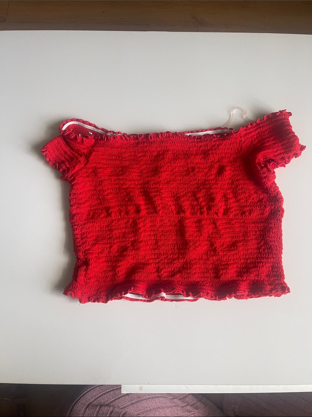 Streetwear Society Bold Red Smocked Off-Shoulder Crop Top